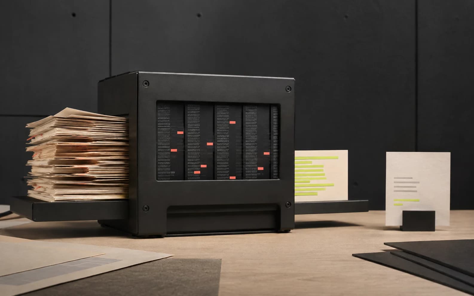 A carbon privacy compiler processes a stack of paper records, keeps coral sensitive markers inside the machine, and emits small lime protected-context cards