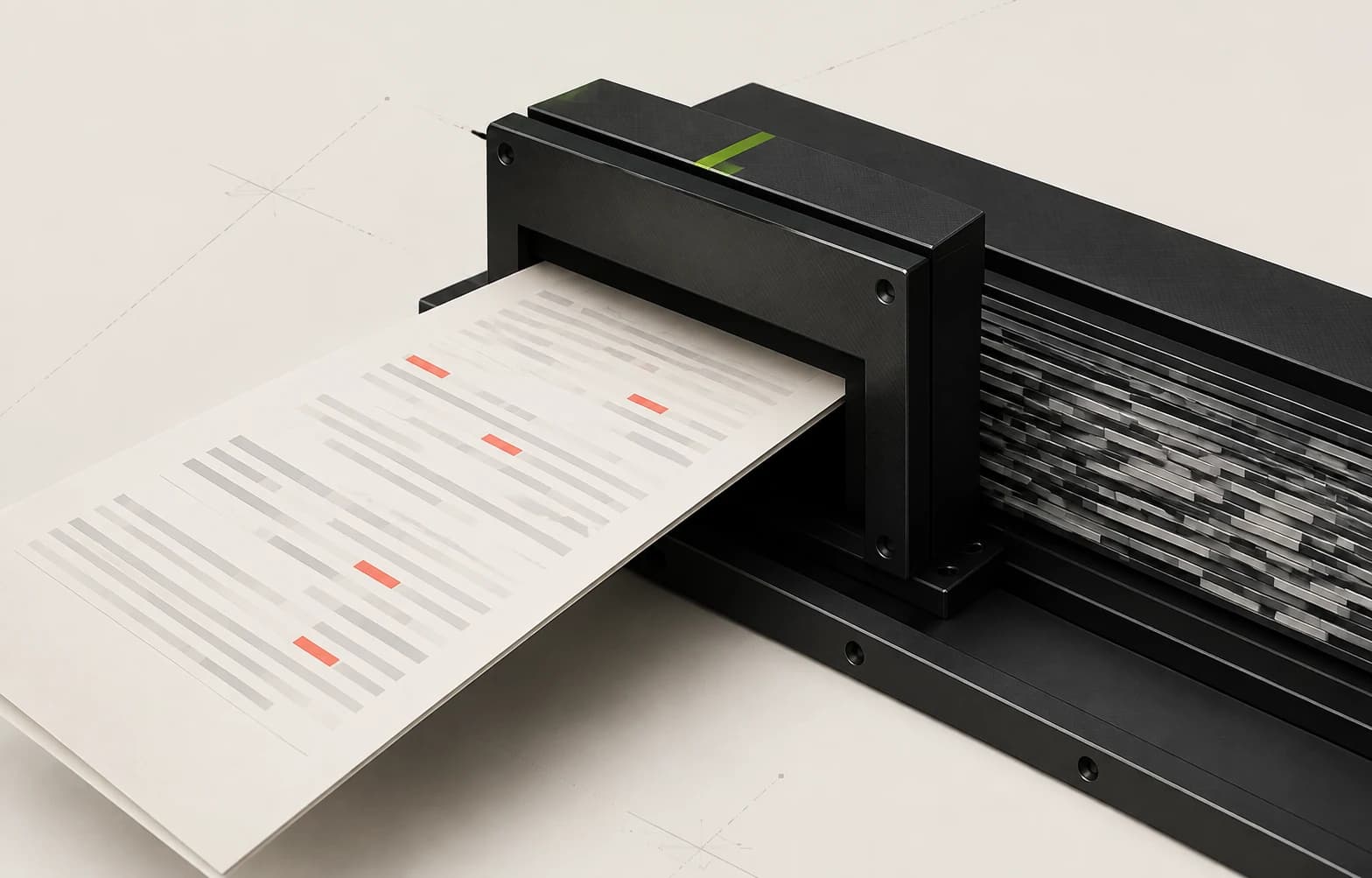 A paper document enters a carbon inspection gate where sparse coral blocks identify sensitive fragments before transformation