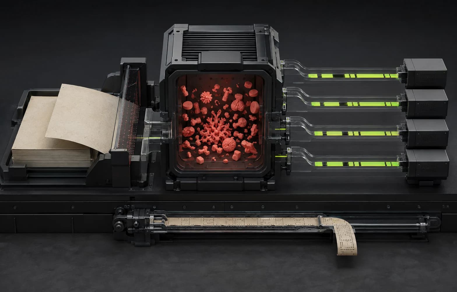 A carbon privacy machine holds coral sensitive fragments locally while four lime protected-context lanes travel to separate processors and a paper receipt leaves on an independent rail