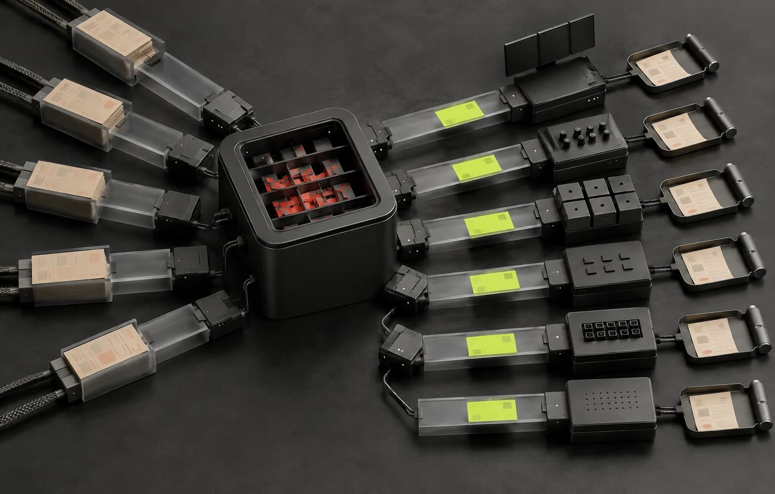 A modular carbon privacy hub accepts context from several connectors, retains coral fragments, and sends lime protected cards into multiple agent modules